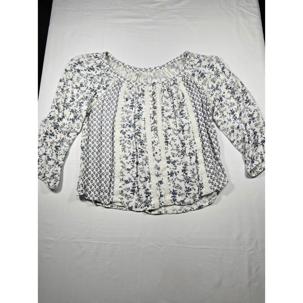 Mudd Womens Small Blue Floral Rayon Boho Peasant Blouse‎ cottagecore Lace